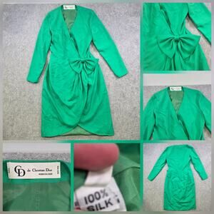 Vintage Christian Dior Silk Wrap Dress Womens 10 Green Bow Evening Robes Du Soir